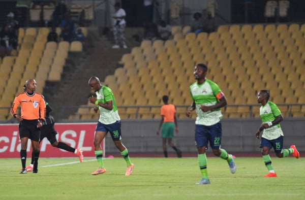 Aubrey Sihlali of Marumo Gallants celebrates goal with team mates during the Betway Premiership 2026/27 match between Marumo Gallants and Siwelele FC at Royal Bafokeng Stadium in Rustenburg on 30 October 2026 ©Phakamisa Lensman/Backpagepix