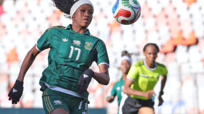 Ronnel Donnelly of South Africa challenged by Verosantatra Diana Adrianandrasana and Miora Lalaina Florence Raherimampionona of Madagascar during the 2028 Los Angeles Olympic Games Qualify match between South Africa and Madagascar at Free State Stadium in Bloemfontein on October 2026 © Samuel Shivambu/BackpagePix