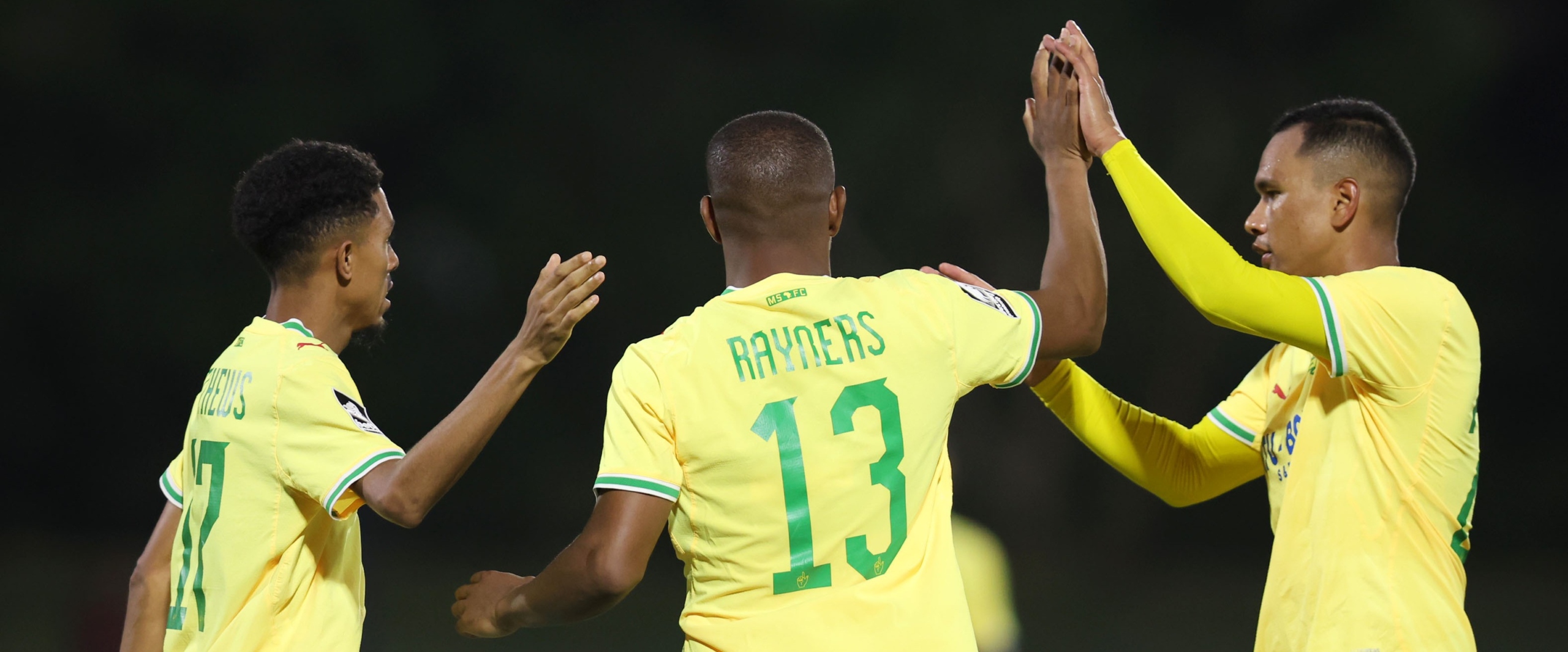 Iqraam Rayners of Mamelodi Sundowns celebrates goal with teammates during the Betway Premiership 2026/27 match between Richards Bay and Mamelodi Sundowns at Princess Magogo Stadium in KwaMashu on 13 October 2026 ©Muzi Ntombela/BackpagePix