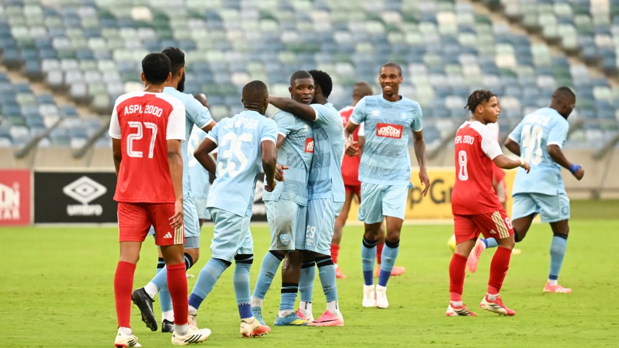 Durban City celebrates goal during the CAF Confederation Cup 2026/27 2nd Preliminary Round 1st leg football match between Durban City FC and AS Port Louis 2000 at Moses Mabida Stadium in Durban on 18 October 2026 ©Nokwanda Zondi/BackpagePix