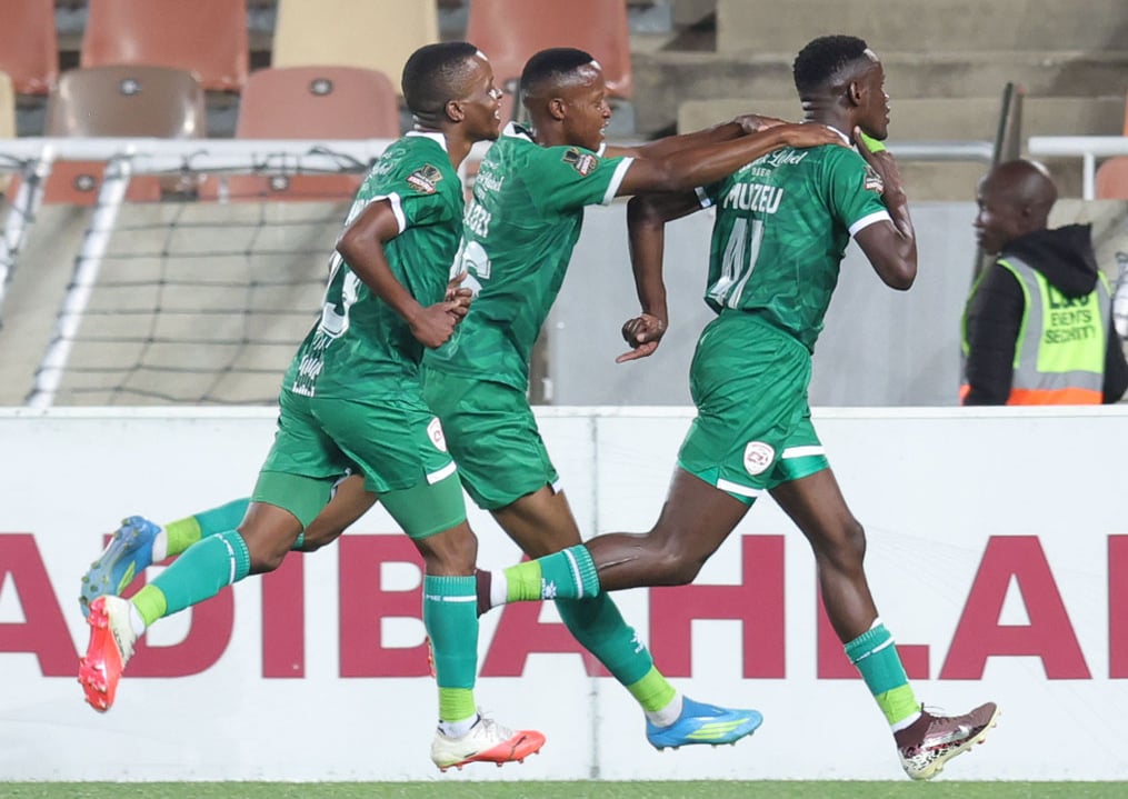 Bethuel Muzeu of Sekhukhune United celebrates goal with teammates during the Carling Knockout Cup 2026/27 last 16 match between Sekhukhune United and Richards Bay at New Peter Mokaba Stadium in Polokwane on the 25 October 2026 © Samuel Shivambu/BackpagePix