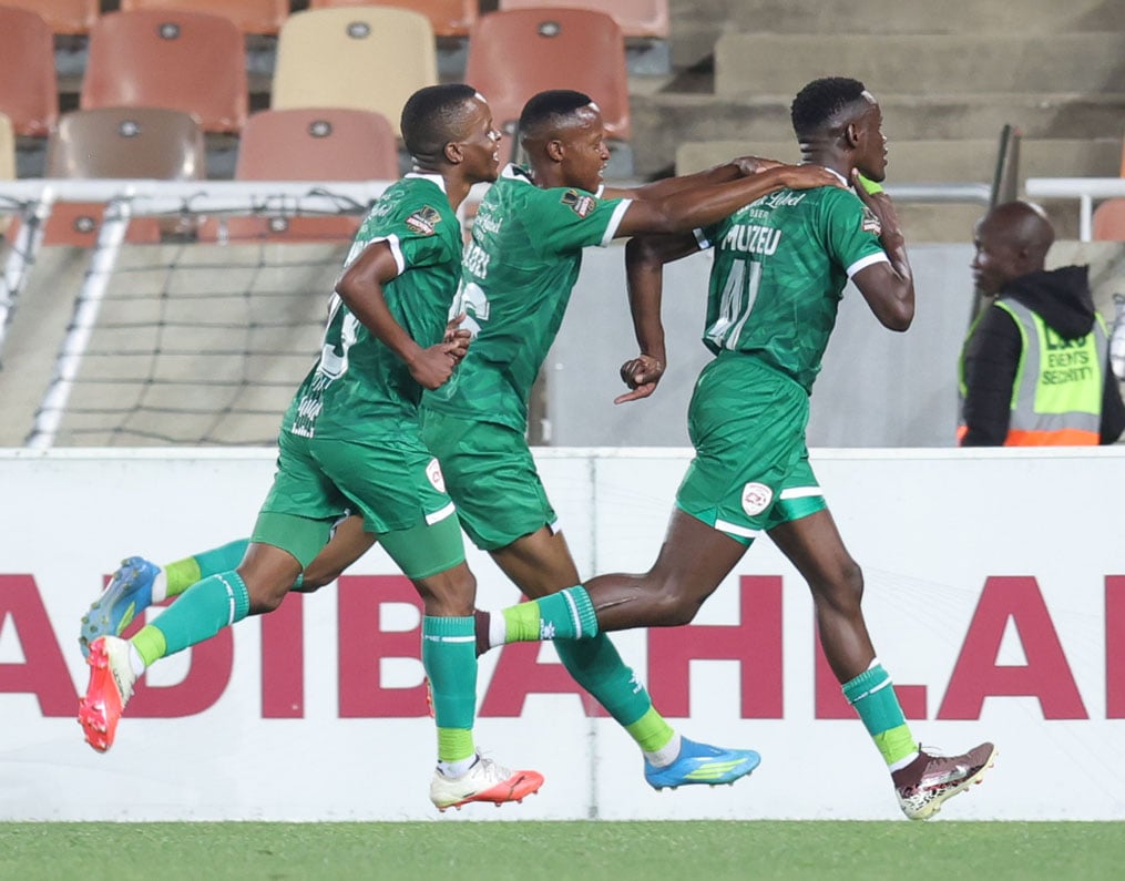 Bethuel Muzeu of Sekhukhune United celebrates goal with teammates during the Carling Knockout Cup 2026/27 last 16 match between Sekhukhune United and Richards Bay at New Peter Mokaba Stadium in Polokwane on the 25 October 2026 © Samuel Shivambu/BackpagePix