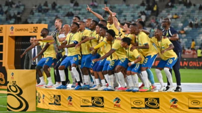 Sundowns celebrate their victory during the 2026 MTN8 Final match between Orlando Pirates and Mamelodi Sundowns at Moses Mabhida Stadium in Durban on 10 October 2026 ©Gerhard Duraan/BackpagePix