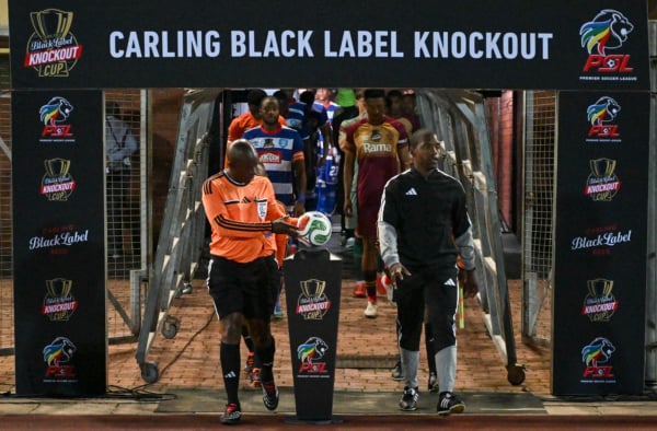 Walk on started by the officials during the Carling Knockout Cup 2026/27 match between Durban City FC and Stellenbosch FC at Chatsworth Stadium in Chatsworth, Durban on 28 October 2026 ©Gerhard Duraan/Backpagepix