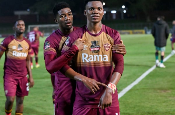 Sinoxolo Kwayiba of Stellenbosch FC scores to take the lead to 1 - 0 during the Carling Knockout Cup 2026/27 match between Durban City FC and Stellenbosch FC at Chatsworth Stadium in Chatsworth, Durban on 28 October 2026 ©Gerhard Duraan/Backpagepix