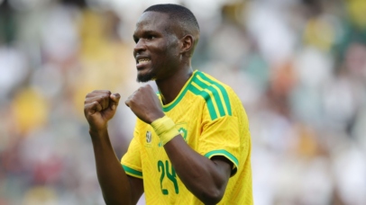 Olwethu Makhanya of South Africa celebrates victory during the 2027 Africa Cup of Nations Qualifiers match between South Africa and Guinea at Orlando Amstel Arena in Johannesburg on 25 September 2026 © Samuel Shivambu/BackpagePix