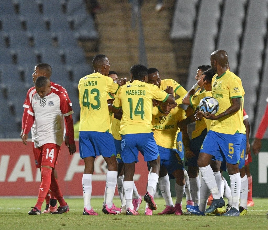 Gaston Sirino scored a hat-trick as Mamelodi Sundowns thumped NB La Masia 6-1 to advance to the next round of the Nedbank Cup.