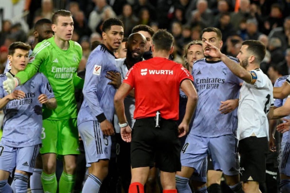 Jude Bellingham received a red card after the final whistle following Real Madrid's 2-2 draw with Valencia, where his potential late winning goal was disallowed