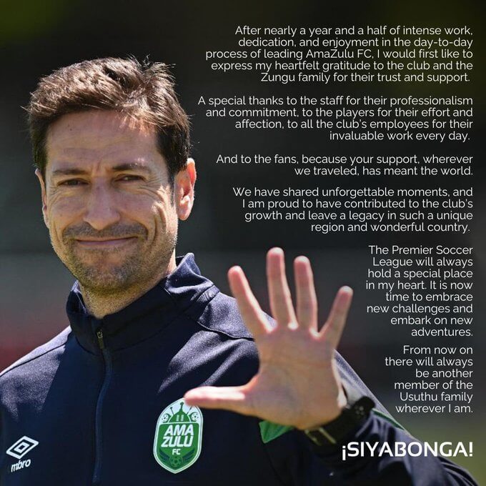 Pablo Franco Martin open letter to AmaZulu fans.