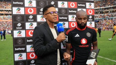 Makhehlene Makhaula of Orlando Pirates celebrates his Man of the Match award after a narrow 1-0 win in the Soweto Derby.