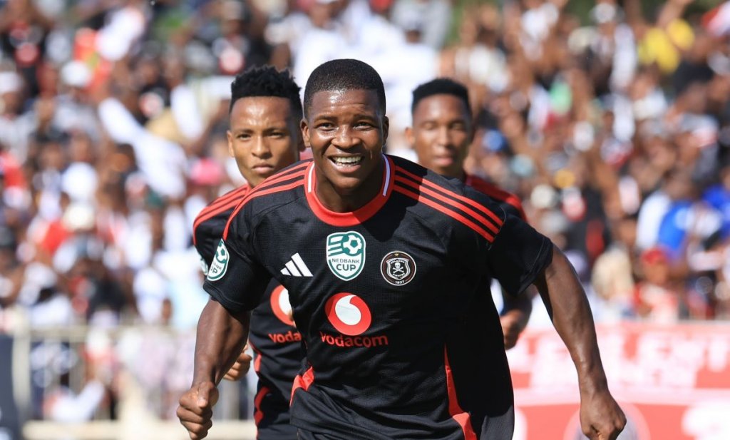 Mbekezeli Mbokazi of Orlando Pirates celebrates goal with teammates during the 2025 Nedbank Cup last 8 match between Supersport United and Orlando Pirates at Old Peter Mokaba Stadium in Polokwane on the 08 March 2025 © Samuel Shivambu/BackpagePix