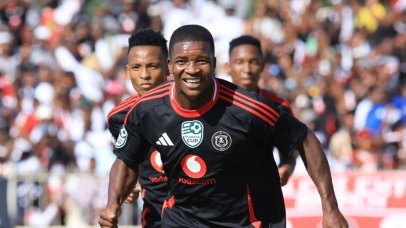 Mbekezeli Mbokazi of Orlando Pirates celebrates goal with teammates during the 2025 Nedbank Cup last 8 match between Supersport United and Orlando Pirates at Old Peter Mokaba Stadium in Polokwane on the 08 March 2025 © Samuel Shivambu/BackpagePix