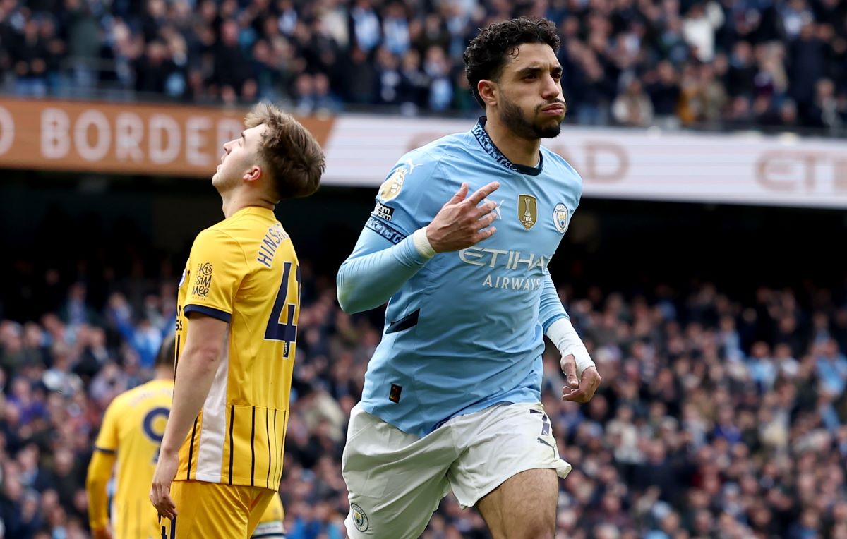 Omar Marmoush of Manchester City celebrates after scoring his team's second goal during the English Premier League soccer match between Manchester City against Brighton & Hove Albion, in Manchester, Britain, 15 March 2025. EPA/ADAM VAUGHAN EDITORIAL USE ONLY. No use with unauthorized audio, video, data, fixture lists, club/league logos, 'live' services or NFTs. Online in-match use limited to 120 images, no video emulation. No use in betting, games or single club/league/player publications.