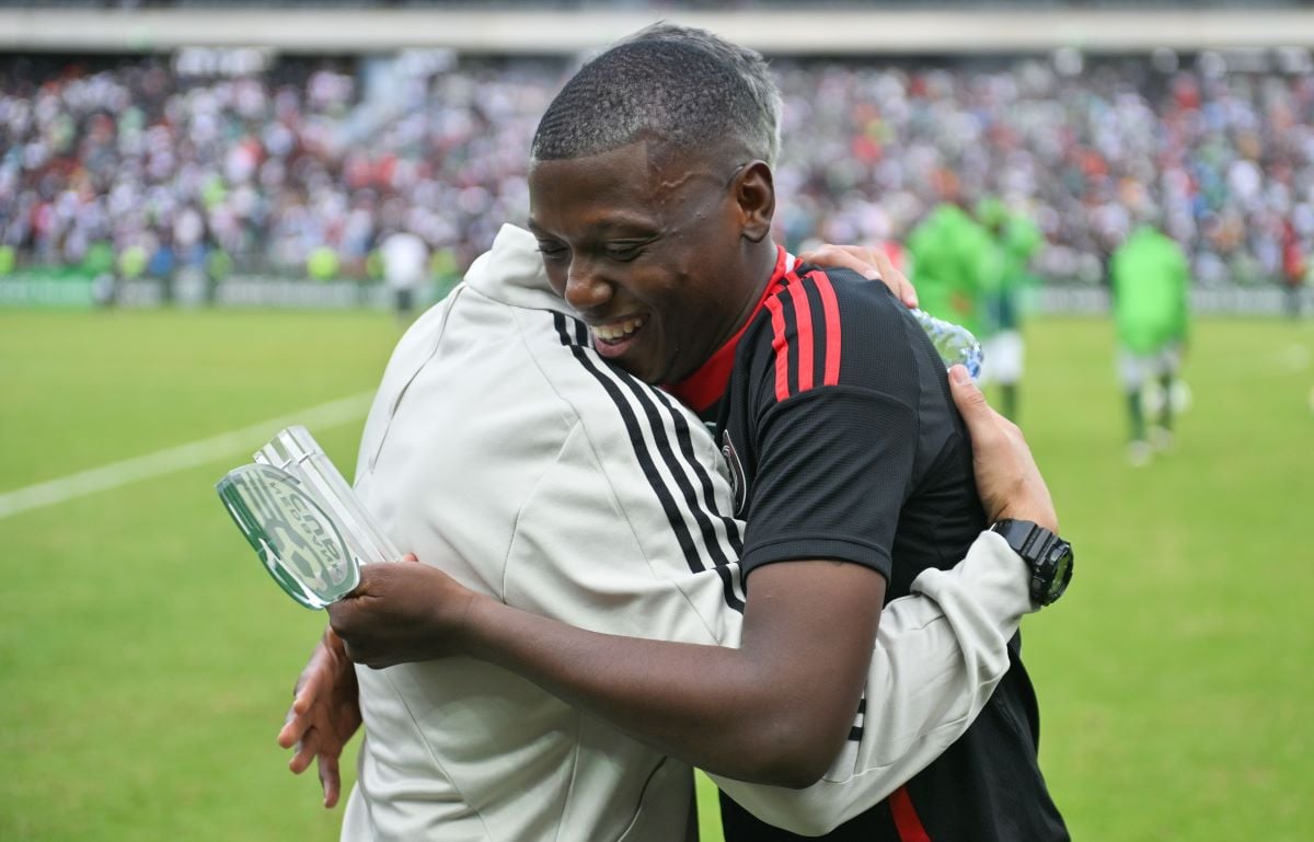 Jose Riveiro, head coach of Orlando Pirates and Kabelo Dlamini of Orlando Pirates celebrates their victory during the Nedbank Cup 2024/25 Semi Final match between Orlando Pirates and Marumo Gallants at Orlando Stadium in Soweto on 13 April 2025 © Alche Greeff/BackpagePix