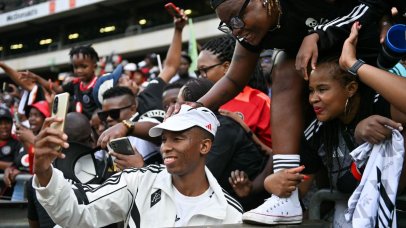 Thalente Mbatha of Orlando Pirates with the fans during the Nedbank Cup 2024/25 Semi Final match between Orlando Pirates and Marumo Gallants at Orlando Stadium in Soweto on 13 April 2025 © Alche Greeff/BackpagePix