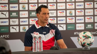 Fadlu Davids head coach of Simba FC speaking to the media ahead of their semi-final 2nd leg clash with Stellenbosch.