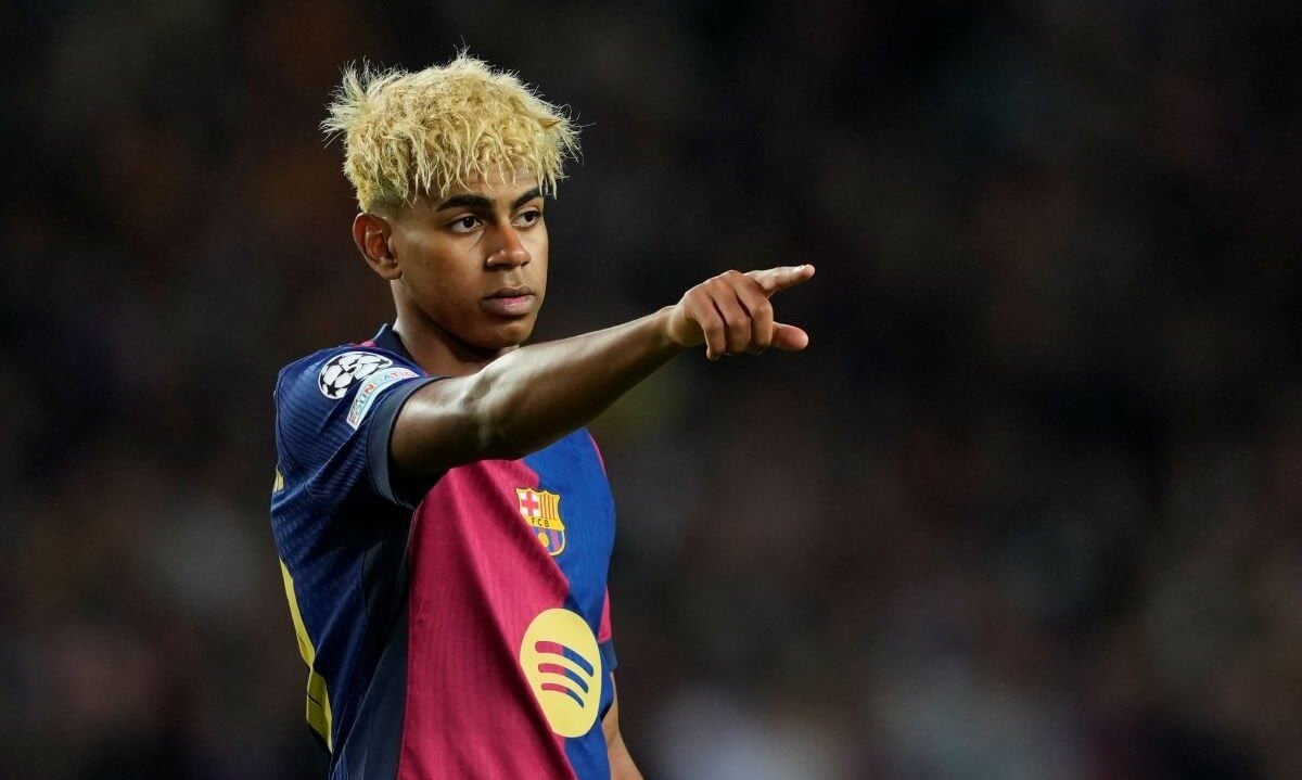 Barcelona's Lamine Yamal gestures during the UEFA Champions League semifinal first leg soccer match between FC Barcelona and Inter Milan, in Barcelona, Catalonia, Spain, 30 April 2025. EPA/ALEJANDRO GARCIA