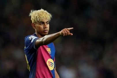 Barcelona's Lamine Yamal gestures during the UEFA Champions League semifinal first leg soccer match between FC Barcelona and Inter Milan, in Barcelona, Catalonia, Spain, 30 April 2025. EPA/ALEJANDRO GARCIA