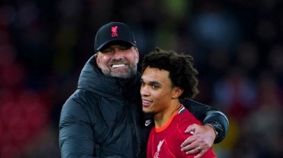 File photo dated 20-11-2021 of Trent Alexander-Arnold with Jurgen Klopp. Trent Alexander-Arnold has announced he will leave Liverpool when his contract expires at the end of the season. Issue date: Monday May 5, 2025.
