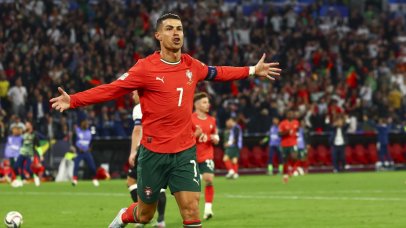 Cristiano Ronaldo of Portugal celebrates scoring the 1-2 goal during the UEFA Nations League semi-final soccer match between Germany and Portugal, in Munich, Germany, 04 June 2025. EPA/ANNA SZILAGYI