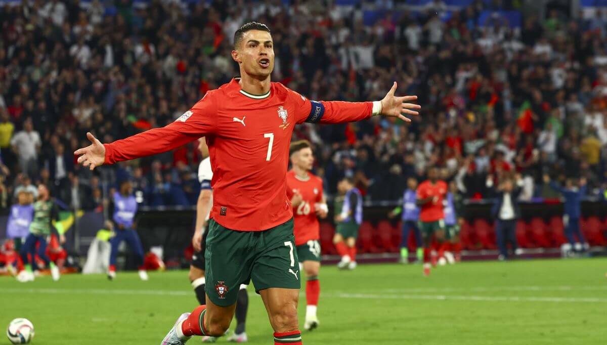 Cristiano Ronaldo of Portugal celebrates scoring the 1-2 goal during the UEFA Nations League semi-final soccer match between Germany and Portugal, in Munich, Germany, 04 June 2025. EPA/ANNA SZILAGYI
