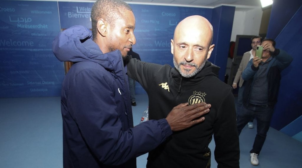 Sundowns Coach Rulani Mokwena and Esperance coach Miguel Cardoso during the CAF Champions League 2023/24 1st leg semifinal press conference for Mamelodi Sundowns in Rades on 19 April 2024 ©Mehrez Toujani/BackpagePix