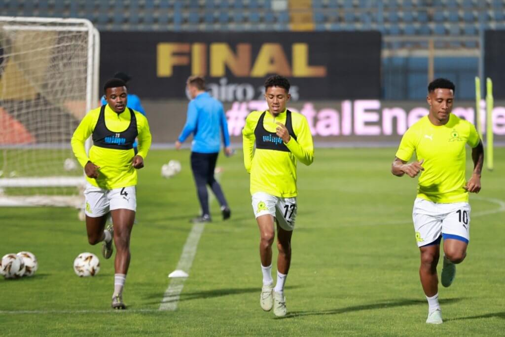 Teboho Mokoena, Tashreeq Mathews, and Lucas Ribeiro Costa of Mamelodi Sundowns.