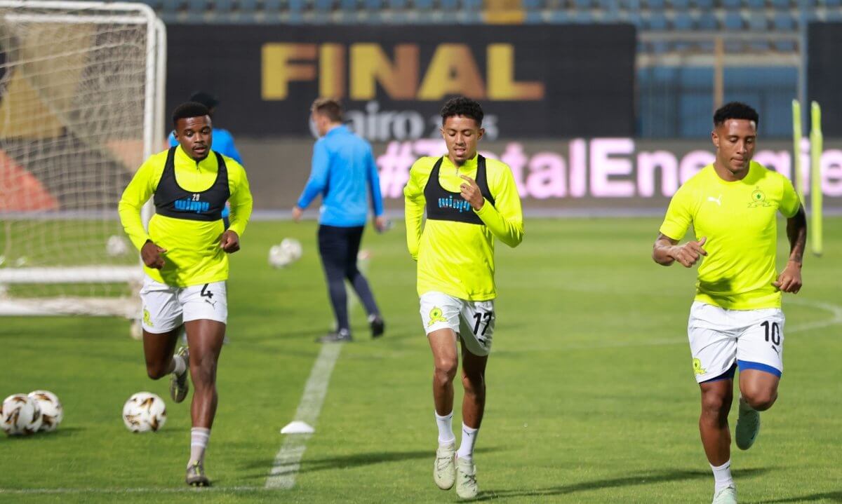 Teboho Mokoena, Tashreeq Mathews, and Lucas Ribeiro Costa of Mamelodi Sundowns.
