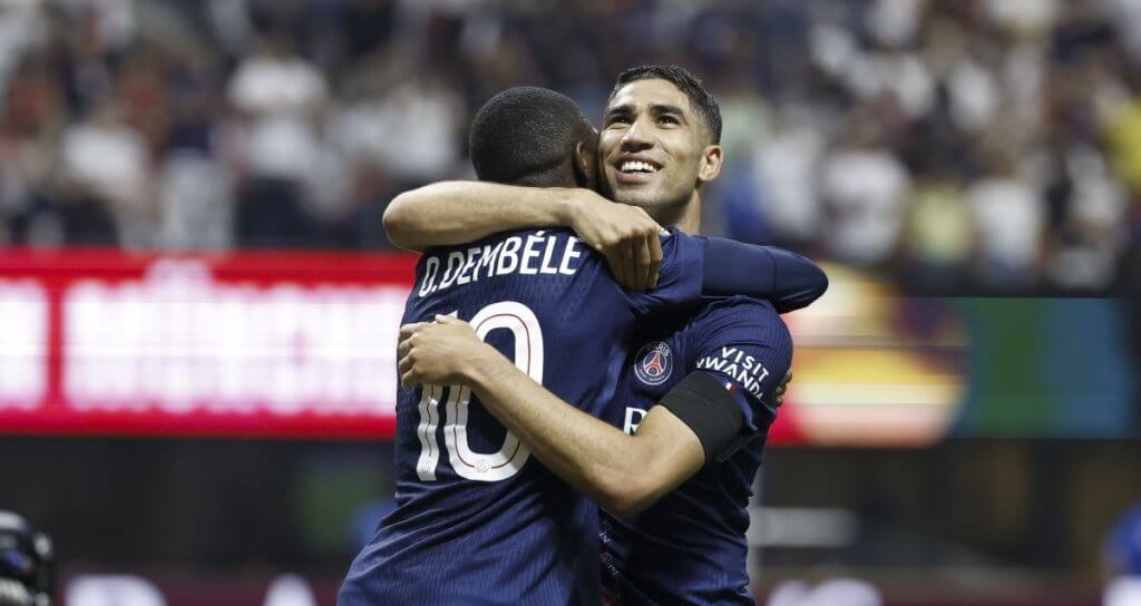 Ousmane Dembele (L) of PSG celebrates with teammate Achraf Hakimi after scoring the 2-0 goal during the FIFA Club World Cup 2025 match between Paris Saint-Germain and FC Bayern Munich, in Atlanta, Georgia, USA, 05 July 2025. EPA/ERIK S. LESSER