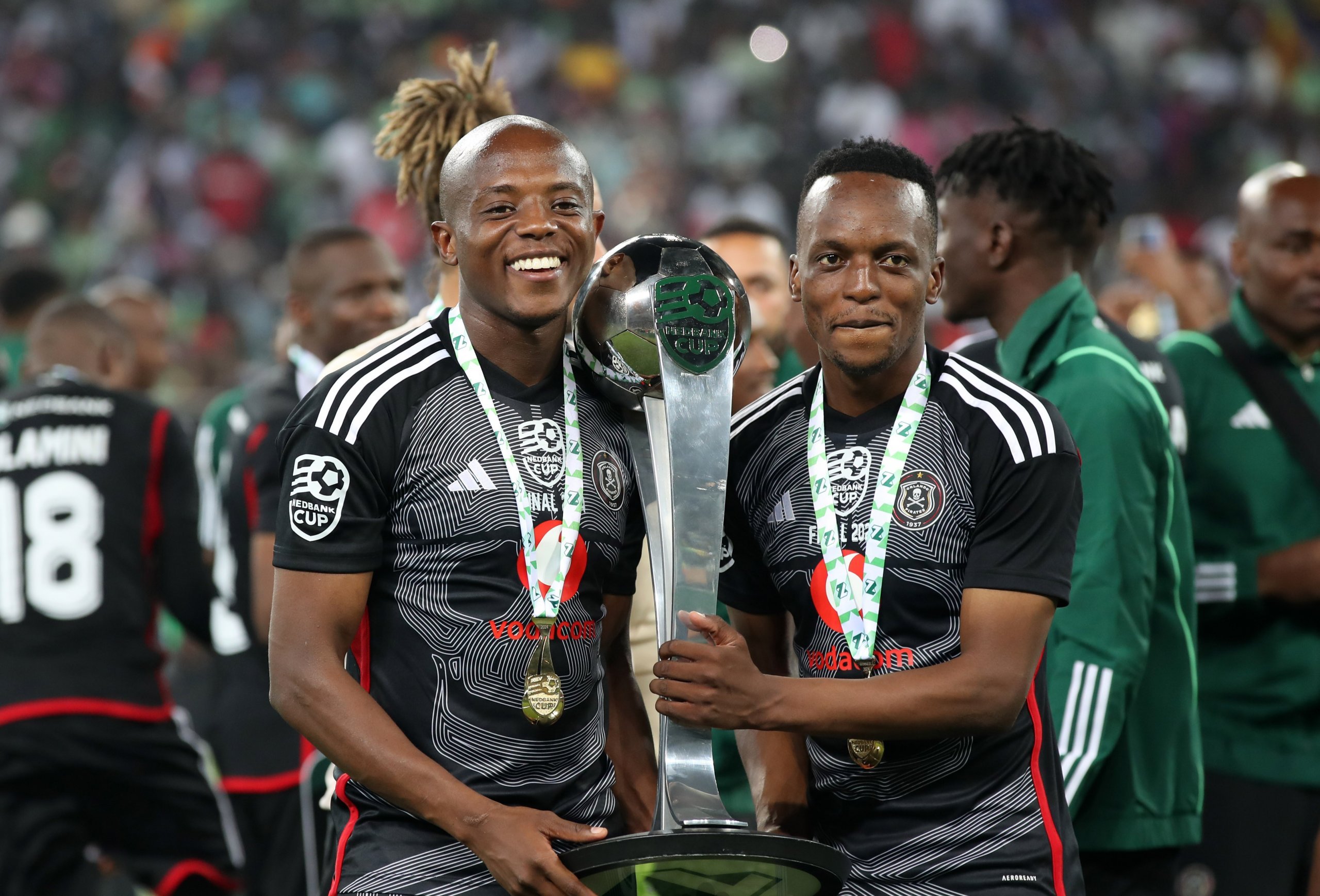 Zakhele Lepasa and Patrick Maswanganyi of Orlando Pirates.
