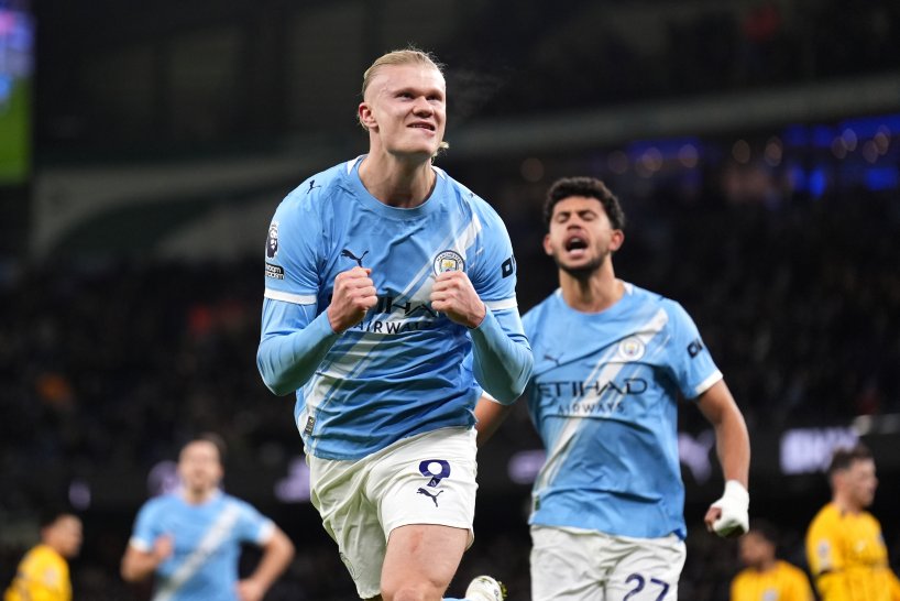 Manchester City's Erling Haaland celebrates scoring their side's first goal of the game during the Premier League match at Etihad Stadium, Manchester. Picture date: Wednesday January 7, 2026.