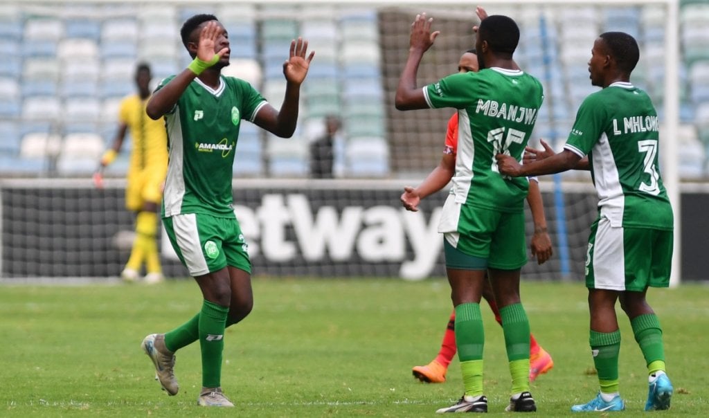 Thandolwenkosi Ngwenya of Amazulu FC celebrates goal with team mates during the Betway Premiership 2025/26 match between Amazulu FC and TS Galaxy at Moses Mabhida Stadium in Durban on 25 January 2026 ©Phakamisa Lensman/BackpagePix