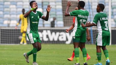 Thandolwenkosi Ngwenya of Amazulu FC celebrates goal with team mates during the Betway Premiership 2025/26 match between Amazulu FC and TS Galaxy at Moses Mabhida Stadium in Durban on 25 January 2026 ©Phakamisa Lensman/BackpagePix