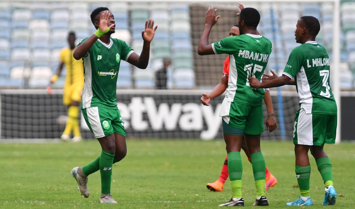 Thandolwenkosi Ngwenya of Amazulu FC celebrates goal with team mates during the Betway Premiership 2025/26 match between Amazulu FC and TS Galaxy at Moses Mabhida Stadium in Durban on 25 January 2026 ©Phakamisa Lensman/BackpagePix