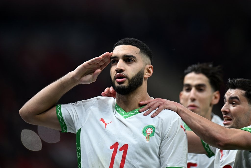 Ismael Saibari of Morocco celebrates goal with teammates during the 2025 Africa Cup of Nations AFCON quarter final match between Cameroon and Morocco at Prince Moulay Abdellah Stadium in Rabat, Morocco on 09 January 2025 ©Majt Esseddik/BackpagePix
