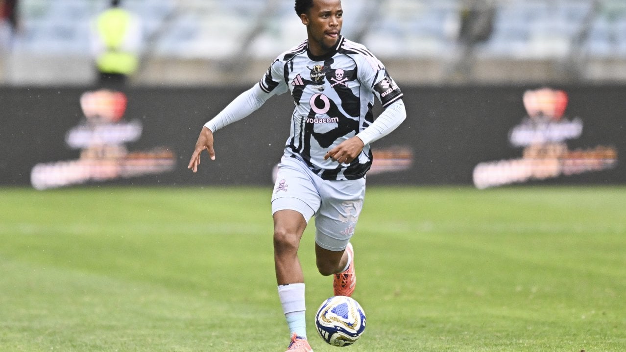 Lebone Seema of Orlando Pirates during the 2025 Carling Knockout Cup match between Orlando Pirates and Carling All Stars at the Moses Mabhida Stadium, Durban on the 13 December 2025 ©Gerhard Duraan/BackpagePix