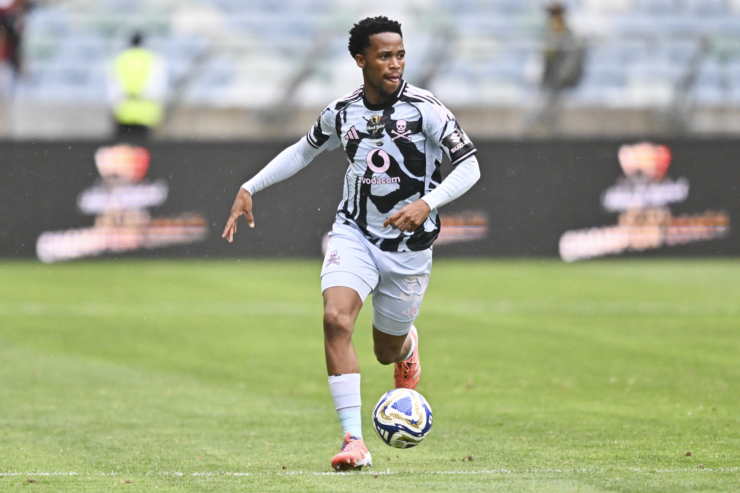 Lebone Seema of Orlando Pirates during the 2025 Carling Knockout Cup match between Orlando Pirates and Carling All Stars at the Moses Mabhida Stadium, Durban on the 13 December 2025 ©Gerhard Duraan/BackpagePix
