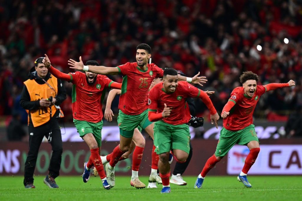 Morocco’s national team players celebrate after securing victory in the penalty shootout during the 2025 Africa Cup of Nations AFCON match between Morocco and Nigeria at Prince Moulay Abdellah Stadium in Rabat, Morocco on 14 January 2026 ©Nabil Ramdani/BackpagePix