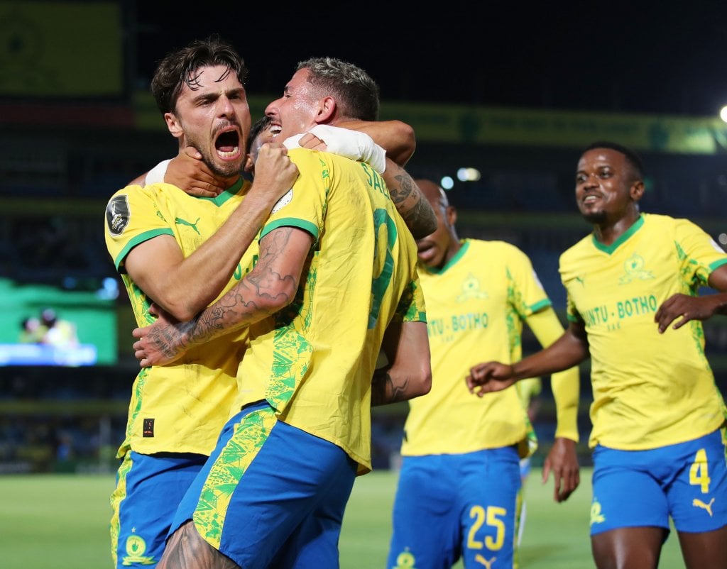 Arthur Sales of Mamelodi Sundowns celebrates goal with teammates during the CAF Champions League 2025/26 match between Mamelodi Sundowns and Al Hilal at the Loftus Versfeld Stadium, Pretoria on the 23 January 2026 ©Muzi Ntombela/BackpagePix