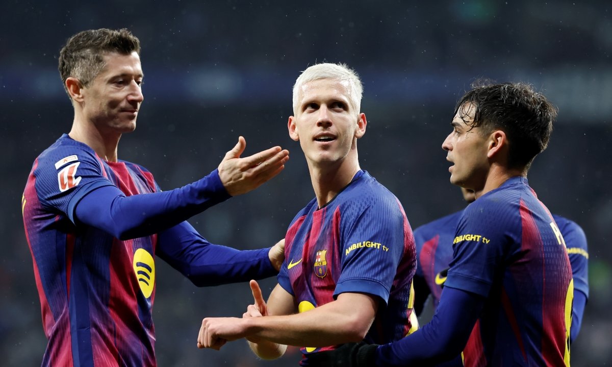 Barcelona's Dani Olmo (C) celebrates his goal with teammates during the Spanish LaLiga soccer match between RCD Espanyol and FC Barcelona in Barcelona, Spain, 03 January 2026. EPA/Andreu Dalmau