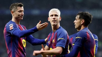 Barcelona's Dani Olmo (C) celebrates his goal with teammates during the Spanish LaLiga soccer match between RCD Espanyol and FC Barcelona in Barcelona, Spain, 03 January 2026. EPA/Andreu Dalmau