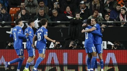 Real Madrid's Alvaro Carreras celebrates with teammates after scoring against Valencia during the Spanish LaLiga soccer match between Valencia CF and Real Madrid at the Mestalla Stadium, in Valencia, Spain, 08 February 2026. EPA/BIEL ALINO