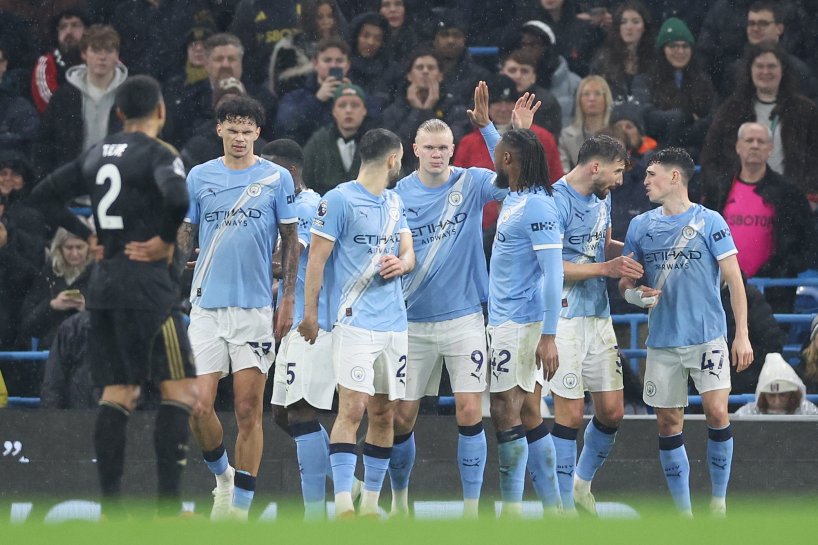 Erling Haaland (C) of Manchester City celebrates scoring the 1-0 goal with team members during the English Premier League match between Manchester City and Fulham FC, in Manchester, Britain, 11 February 2026. EPA/ADAM VAUGHAN EDITORIAL USE ONLY. No use with unauthorized audio, video, data, fixture lists, club/league logos, 'live' services or NFTs. Online in-match use limited to 120 images, no video emulation. No use in betting, games or single club/league/player publications.