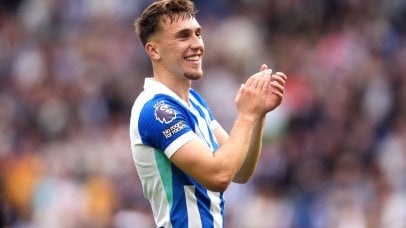 Brighton and Hove Albion's Brajan Gruda celebrates following victory after the final whistle in the Premier League match at the American Express Stadium, Brighton and Hove. Picture date: Sunday August 31, 2025.