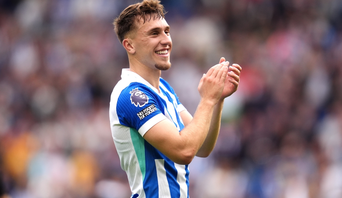 Brighton and Hove Albion's Brajan Gruda celebrates following victory after the final whistle in the Premier League match at the American Express Stadium, Brighton and Hove. Picture date: Sunday August 31, 2025.