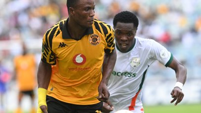 Makabi Lilepo of Kaizer Chiefs challenges Zachariah Chilongoshi of ZESCO United during the CAF Confederation Cup 2025/26 match between Kaizer Chiefs and Zesco United FC at the Moses Mabhida Stadium in Durban on the 01 February 2026 ©Sydney Mahlangu BackpagePix