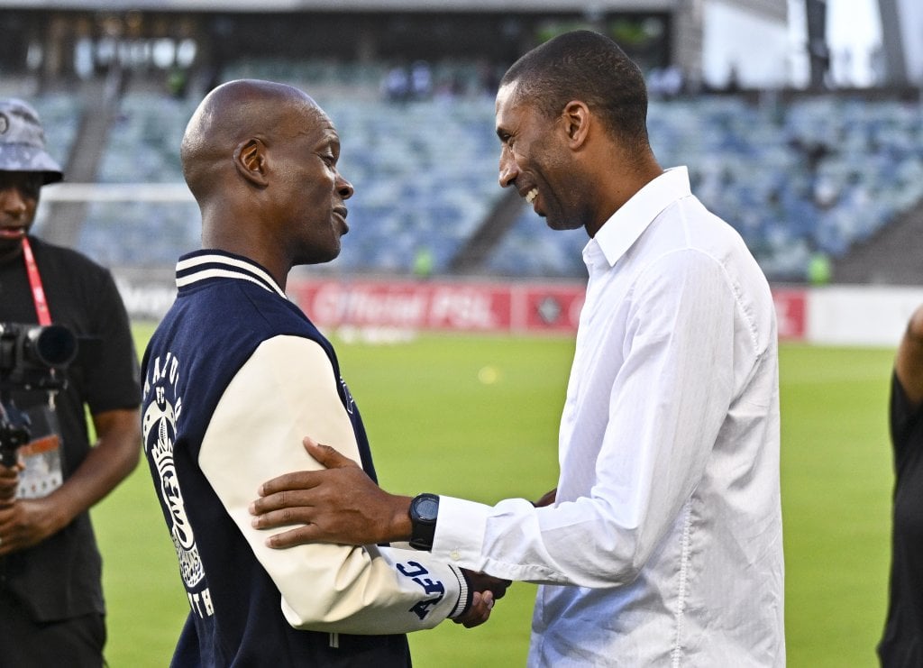 Arthur Zwane, Head Coach of AmaZulu FC and Abdeslami Ouaddou, coach of Orlando Pirates during the Betway Premiership 2025/26 match between AmaZulu and Orlando Pirates at the Moses Mabhida Stadium in Durban on 3 February 2026 ©Gerhard Duraan/BackpagePix