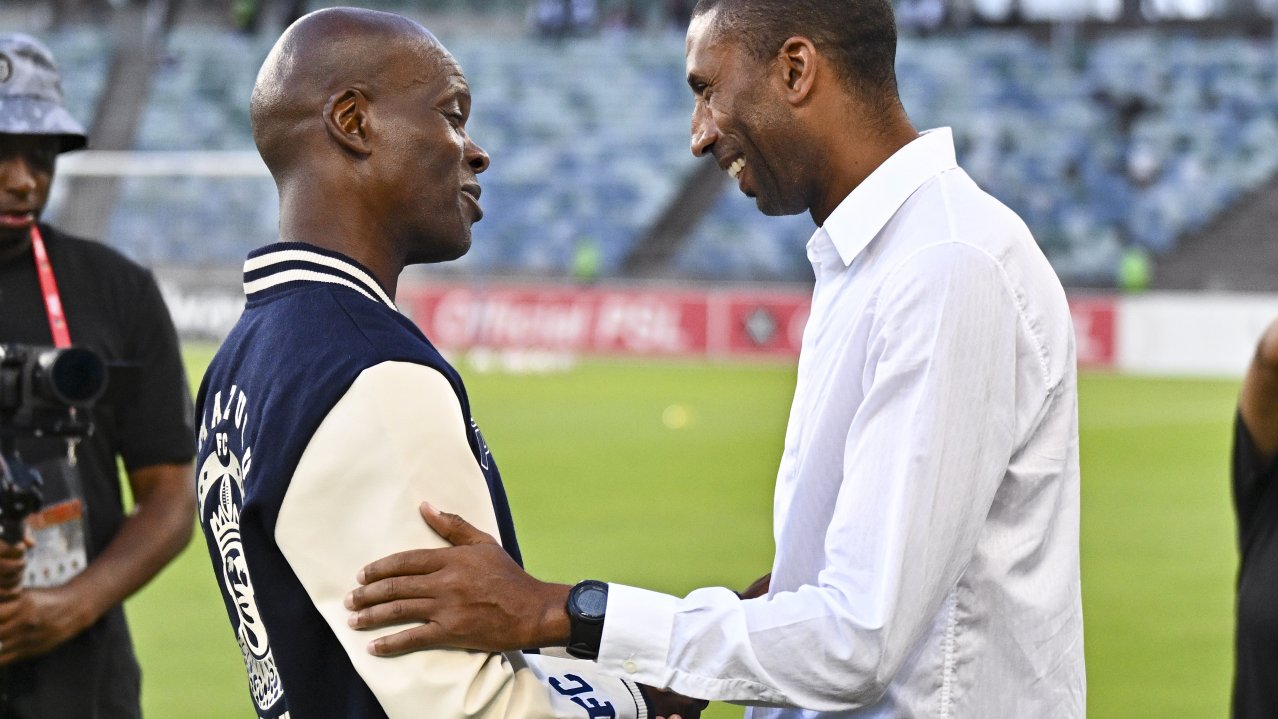 Arthur Zwane, Head Coach of AmaZulu FC and Abdeslami Ouaddou, coach of Orlando Pirates during the Betway Premiership 2025/26 match between AmaZulu and Orlando Pirates at the Moses Mabhida Stadium in Durban on 3 February 2026 ©Gerhard Duraan/BackpagePix