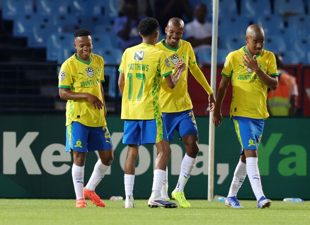 Thapelo Morena of Mamelodi Sundowns celebrates goal with teammates during the 2026 Nedbank Cup last 32 match between Mamelodi Sundowns and Gomora United at Loftus Versfeld Stadium in Pretoria on 04 February 2026 ©Samuel ShivambuBackpagePix