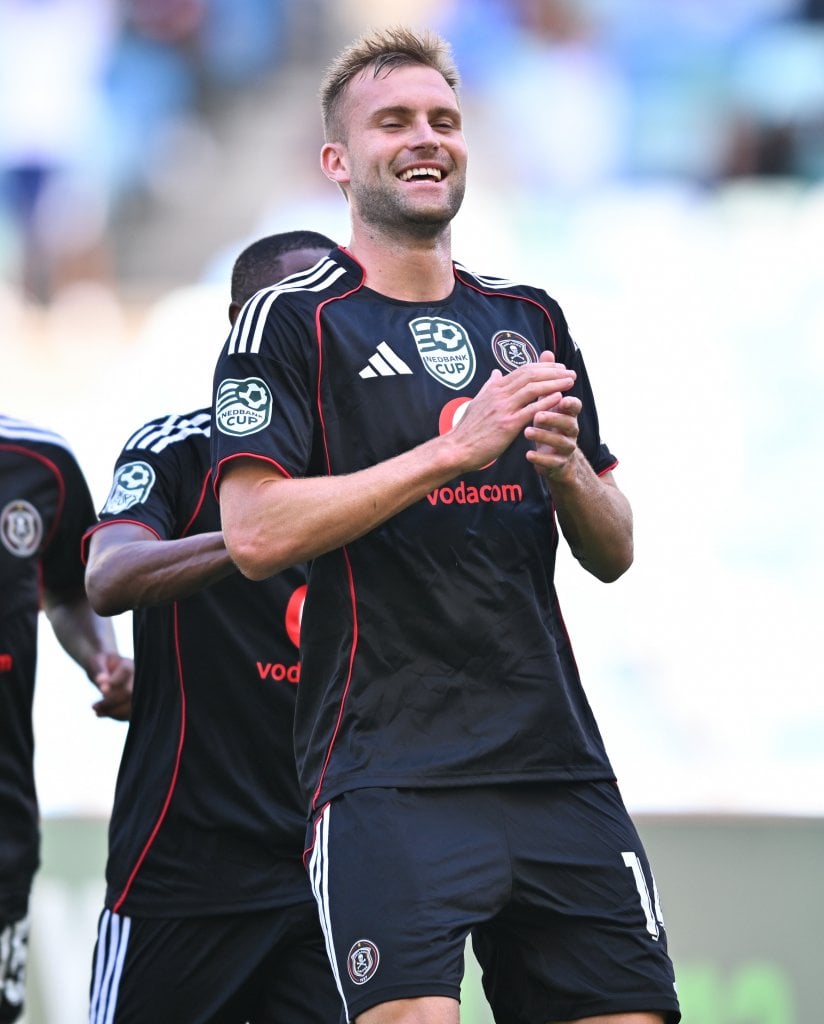 Andre De Jong of Orlando Pirates celebrates a goal with teammates during the 2026 Nedbank Cup match between Tshakhuma Tsha Madzivhandila and Orlando Pirates at Moses Mabhida Stadium in Durban on 7 February 2026 © Alche Greeff/BackpagePix